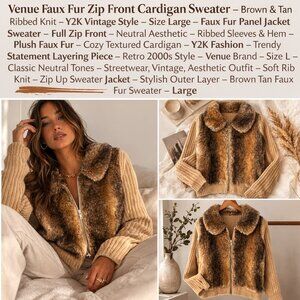 Venue Faux Fur Zip Front Cardigan Sweater Brown Tan Ribbed Knit Y2K Vintage